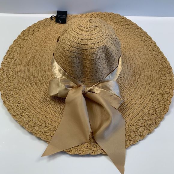 Floppy Straw Sun Hat 5” w/ Silk Bow - Tan - Picture 1 of 8